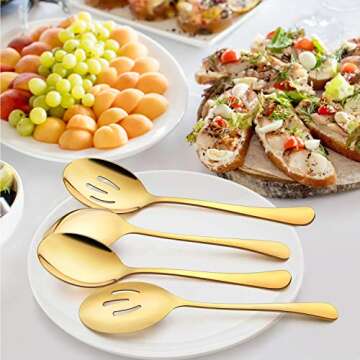 LIANYU 6 Pack Gold Serving Spoons Set, Large Slotted Spoons, Stainless Steel Buffet Dinner Restaurant Golden Serving Utensils, Catering Set for Party Banquet, 9.8 Inch