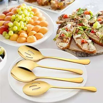 LIANYU 6 Pack Gold Serving Spoons Set, Large Slotted Spoons, Stainless Steel Buffet Dinner Restaurant Golden Serving Utensils, Catering Set for Party Banquet, 9.8 Inch