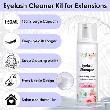 150ml/ 5.07 fl. oz Eyelash Extension Cleanser with Eyelash Fan Dryer, Lash Shampoo for Extension with Makeup Remover Pad Cleaning Brush, Paraben Sulfate Free Eyelash Shampoo for Salon Home Use