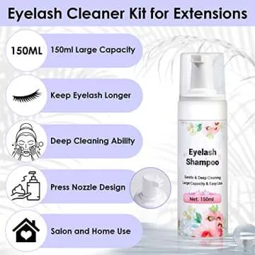 150ml/ 5.07 fl. oz Eyelash Extension Cleanser with Eyelash Fan Dryer, Lash Shampoo for Extension with Makeup Remover Pad Cleaning Brush, Paraben Sulfate Free Eyelash Shampoo for Salon Home Use