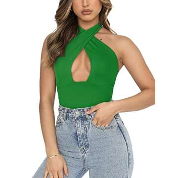 REORIA Women's Sexy Criss Cross Halter Neck Sleeveless Party Club Night Going Out Thong Bodysuits Tops Green Small