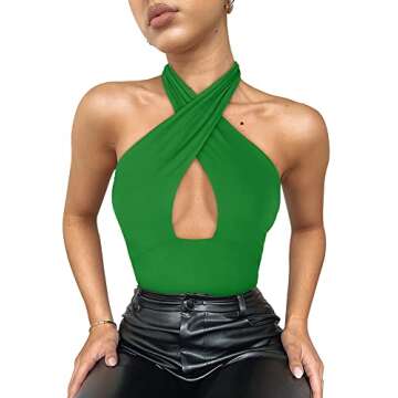 REORIA Women's Sexy Criss Cross Halter Neck Sleeveless Party Club Night Going Out Thong Bodysuits Tops Green Small
