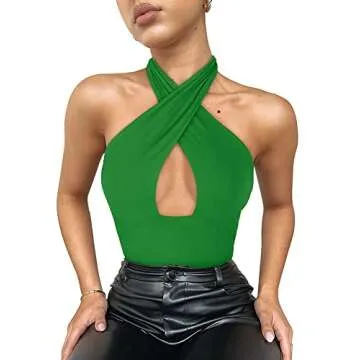 REORIA Women's Sexy Criss Cross Halter Neck Sleeveless Party Club Night Going Out Thong Bodysuits Tops Green Small