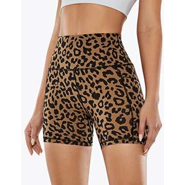 CAROVIA High Waisted Biker Shorts for Women Workout Yoga Gym Athletic with 3 Pockets Tummy Control Summer 5" Inches Biscuit Cheetah Medium