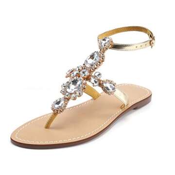 ZhuLinFeng Women's Rhinestone Gladiator Sandals Flat Beach Wedding Shoes Flip-flops Gemstone Pearl Sparkling Bride Bridesmaid Gold Size 8