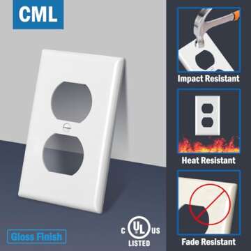 CML Duplex Outlet Covers, 50 Pack Electrical Outlet Wall Plate, 1-Gang Switch Plates, Dual Receptacl...