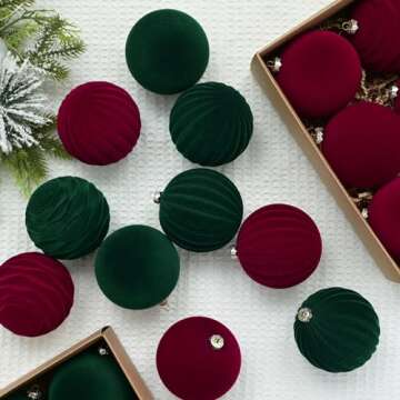 Velvet Christmas Ornaments - 12 Pcs Red Baubles for Holiday Decor