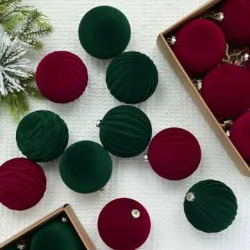 Velvet Christmas Ornaments - 12 Pcs Red Baubles for Holiday Decor