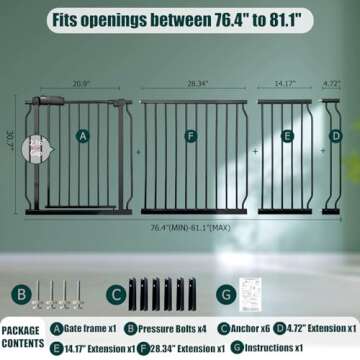 Thasamm Heavy Duty Baby & Pet Safety Gate - Extra Wide 76.4-81.1 Inch, Black Metal, Pressure Mounted...