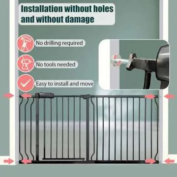 Thasamm Heavy Duty Baby & Pet Safety Gate - Extra Wide 76.4-81.1 Inch, Black Metal, Pressure Mounted, Walk-Through