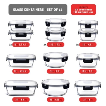 Airtight Glass Meal Prep Containers 12-Pack