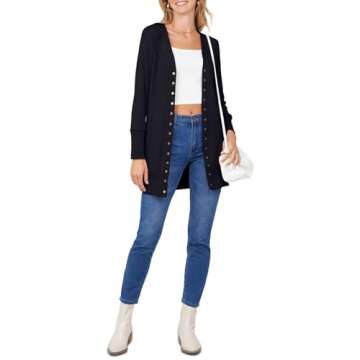 MEROKEETY Women's 2024 Fall Long Sleeve Snap Button Down Solid Color Knit Ribbed Neckline Cardigans Black