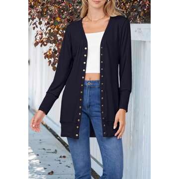 MEROKEETY Women's 2024 Fall Long Sleeve Snap Button Down Solid Color Knit Ribbed Neckline Cardigans Black