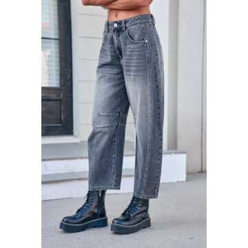 GREAIDEA Mid Rise Barrel Jeans for Women Wide Leg Mid Waist Cropped Denim Pants Y2k Baggy Boyfriend Jeans with Pockets