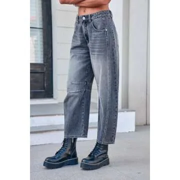 GREAIDEA Mid Rise Barrel Jeans for Women Wide Leg Mid Waist Cropped Denim Pants Y2k Baggy Boyfriend Jeans with Pockets
