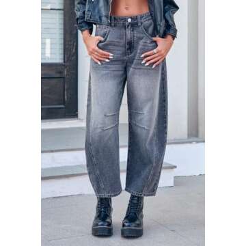 GREAIDEA Mid Rise Barrel Jeans for Women Wide Leg Mid Waist Cropped Denim Pants Y2k Baggy Boyfriend Jeans with Pockets