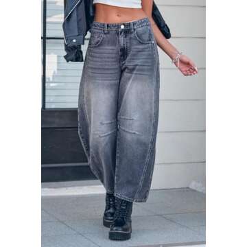 GREAIDEA Mid Rise Barrel Jeans for Women Wide Leg Mid Waist Cropped Denim Pants Y2k Baggy Boyfriend Jeans with Pockets