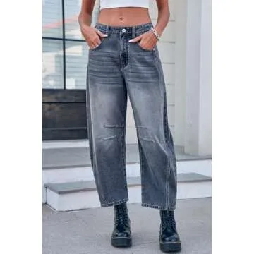 GREAIDEA Mid Rise Barrel Jeans for Women Wide Leg Mid Waist Cropped Denim Pants Y2k Baggy Boyfriend Jeans with Pockets