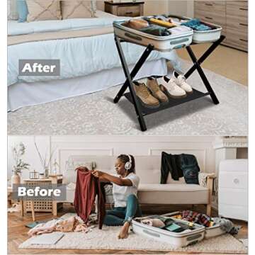 Fandature Folding Luggage Rack for Guest Room, Metal Foldable Suitcase Stand Holder with Colth Shelf...