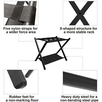 Fandature Folding Luggage Rack for Guest Room, Metal Foldable Suitcase Stand Holder with Colth Shelf for Bedroom, Black, 1pack