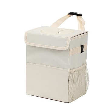 AOKJOY Leak-Proof Car Trash Can with Lid 3 Pockets Beige