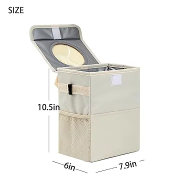 AOKJOY Leak-Proof Car Trash Can with Lid 3 Pockets Beige