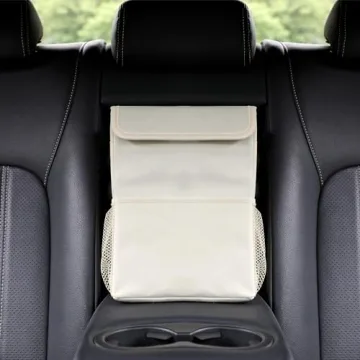 AOKJOY Leak-Proof Car Trash Can with Lid 3 Pockets Beige