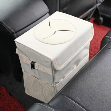 AOKJOY Leak-Proof Car Trash Can with Lid 3 Pockets Beige