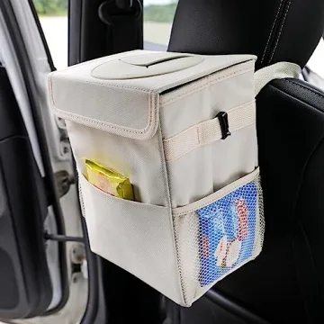 AOKJOY Leak-Proof Car Trash Can with Lid 3 Pockets Beige
