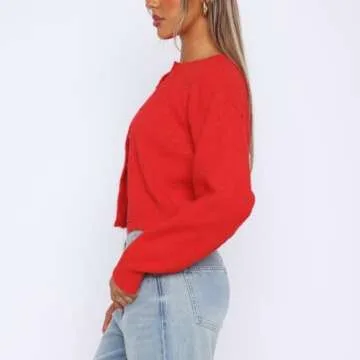 Women Y2k Crop Cardigan Sweater Crop Button Down Cardigan Cute Long Sleeve Sweater Open Front Lightweight Knit Tops A Red