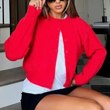 Women Y2k Crop Cardigan Sweater Crop Button Down Cardigan Cute Long Sleeve Sweater Open Front Lightweight Knit Tops A Red