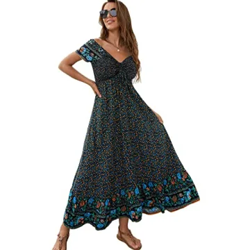 Summer Floral Maxi Dress Women Off Shoulder Long Beach Dresses Casual Short Sleeve Flowing Smocked B...
