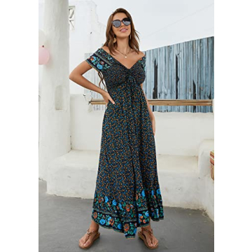 Summer Floral Maxi Dress Women Off Shoulder Long Beach Dresses Casual Short Sleeve Flowing Smocked Bohemian Party Dress Navy