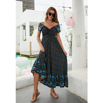 Summer Floral Maxi Dress Women Off Shoulder Long Beach Dresses Casual Short Sleeve Flowing Smocked Bohemian Party Dress Navy
