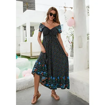Summer Floral Maxi Dress Women Off Shoulder Long Beach Dresses Casual Short Sleeve Flowing Smocked Bohemian Party Dress Navy