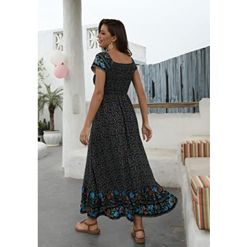Summer Floral Maxi Dress Women Off Shoulder Long Beach Dresses Casual Short Sleeve Flowing Smocked Bohemian Party Dress Navy