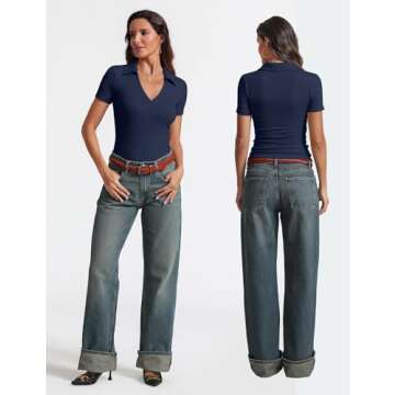 Meetrendi Womens Short Sleeve Business Casual Tops Summer V Neck Polo Work Shirts 2025 Fitted Basic Collared Shirt Navy