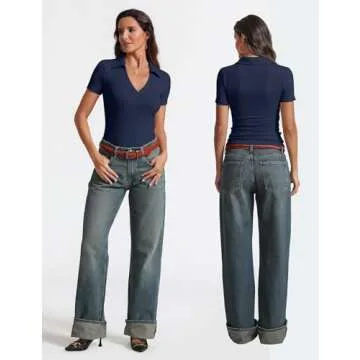 Meetrendi Womens Short Sleeve Business Casual Tops Summer V Neck Polo Work Shirts 2025 Fitted Basic Collared Shirt Navy