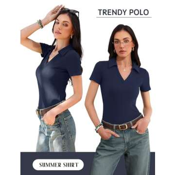 Meetrendi Womens Short Sleeve Business Casual Tops Summer V Neck Polo Work Shirts 2025 Fitted Basic Collared Shirt Navy