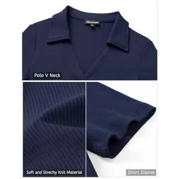 Meetrendi Womens Short Sleeve Business Casual Tops Summer V Neck Polo Work Shirts 2025 Fitted Basic Collared Shirt Navy