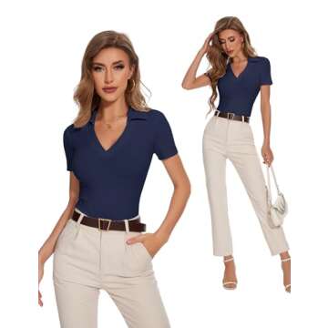 Meetrendi Womens Short Sleeve Business Casual Tops Summer V Neck Polo Work Shirts 2025 Fitted Basic Collared Shirt Navy