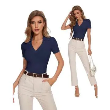 Meetrendi Womens Short Sleeve Business Casual Tops Summer V Neck Polo Work Shirts 2025 Fitted Basic Collared Shirt Navy