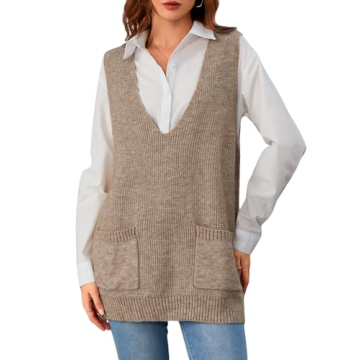 OYOANGLE Women's Elegant Deep V Neck Sweater Vest with Pocket for Layering