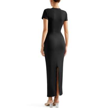 SUUKSESS Women Fitted Basic Bodycon Maxi Dress Y2K Crew Neck Short Sleeve Casual Long Dress (Black, L)