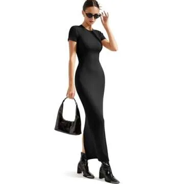 SUUKSESS Women Fitted Basic Bodycon Maxi Dress Y2K Crew Neck Short Sleeve Casual Long Dress (Black, L)