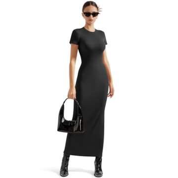 SUUKSESS Women Fitted Basic Bodycon Maxi Dress Y2K Crew Neck Short Sleeve Casual Long Dress (Black, L)