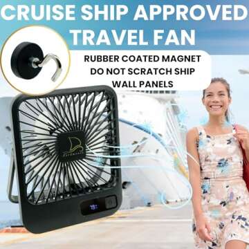 Fan for Cruise Ship Cabin Approved with Magnetic Hook - Fan with Magnetic Base Hook, USB Rechargeabl...