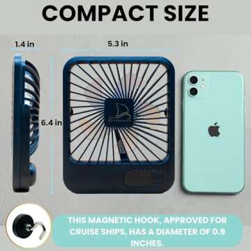 Fan for Cruise Ship Cabin Approved with Magnetic Hook - Fan with Magnetic Base Hook, USB Rechargeable - Battery Powered Portable Travel Fan for Cruise, Travel Fan for Sleeping, The Original Cruise Fan