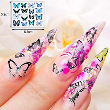 Nail Stickers 60 Sheets, EAONE Butterfly Nail Stickers Water Transfer Self-Adhesive Flower Nail Tattoos Decals Gifts for Women Girls Gel Polish with Nail Gems Tweezers and Scissors Decoration Kits