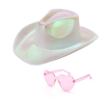 Patyhapy White Cowgirl Hat with Heart Glasses for Women
